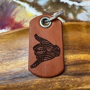 Shacka leather keychain (hang loose) tattoo custom lasered dog tag style